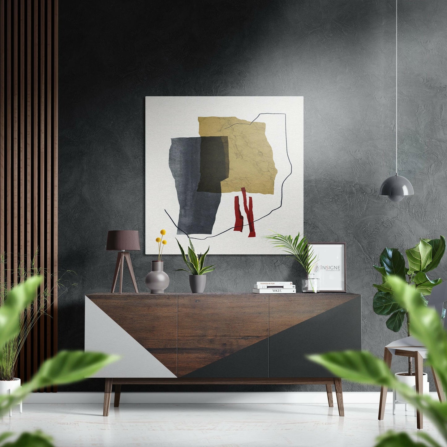 Abstract paper shapes yellow navy metal wall art