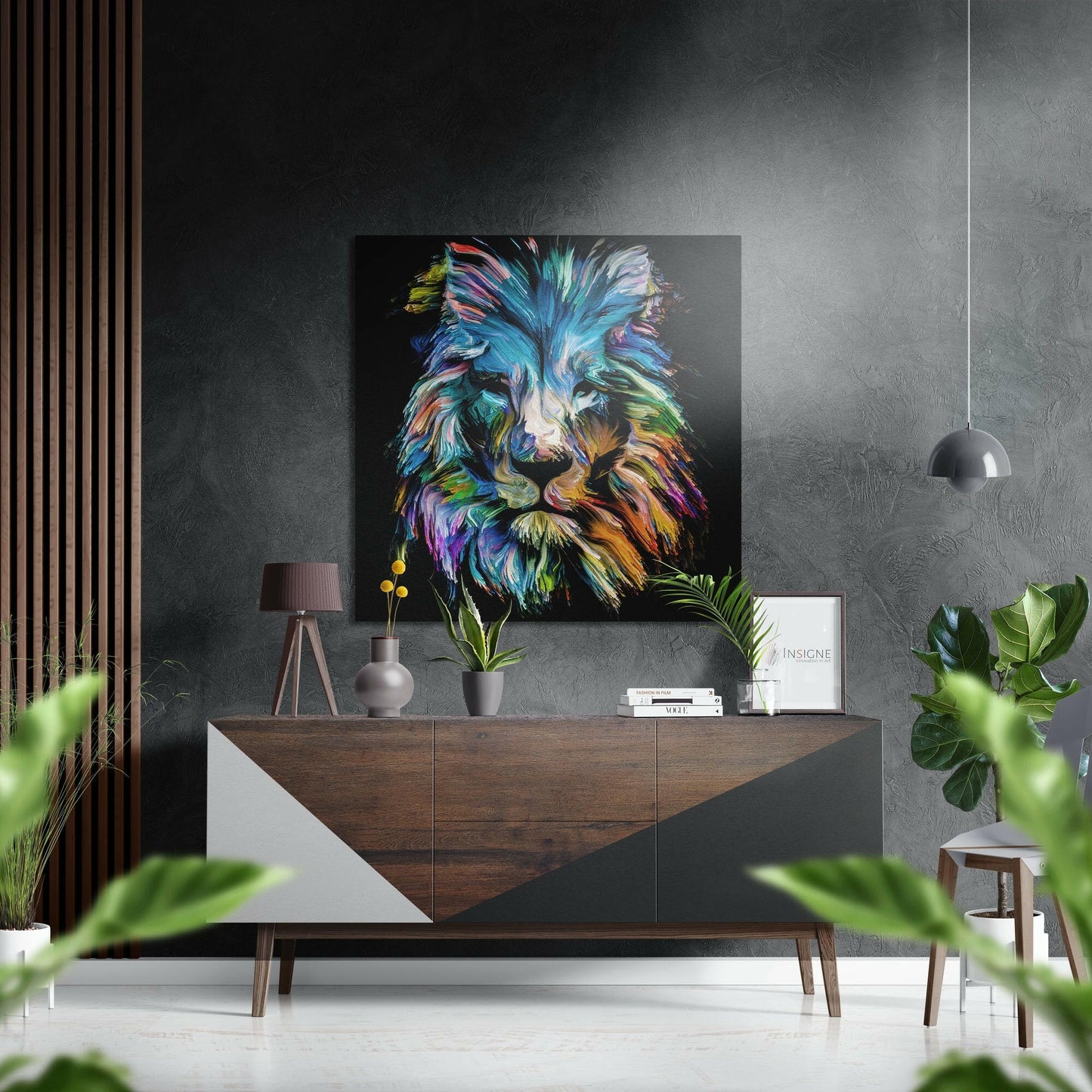 Rainbow brushstroke lion head metal wall art
