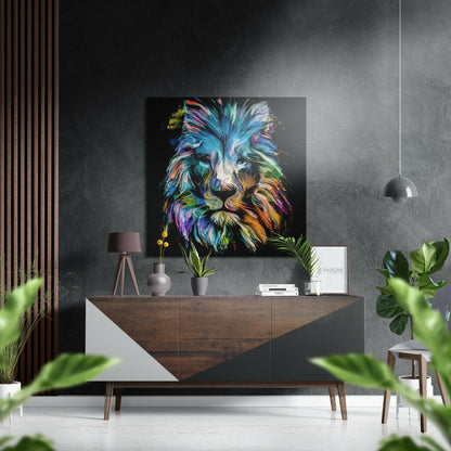 Rainbow brushstroke lion head metal wall art