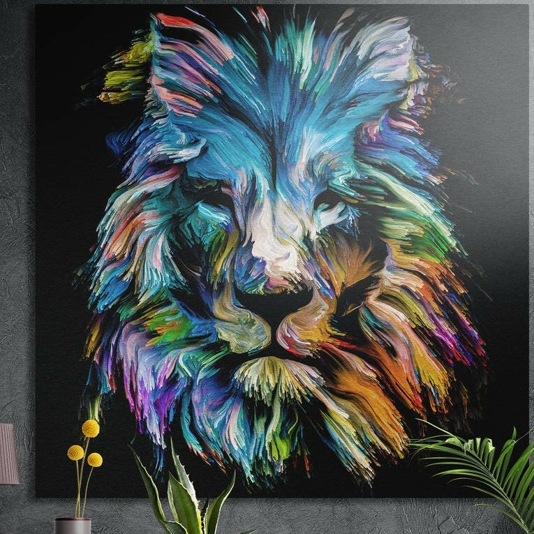 Rainbow brushstroke lion head on black, square brushed aluminum wall art on a gray wall behind plant leaves