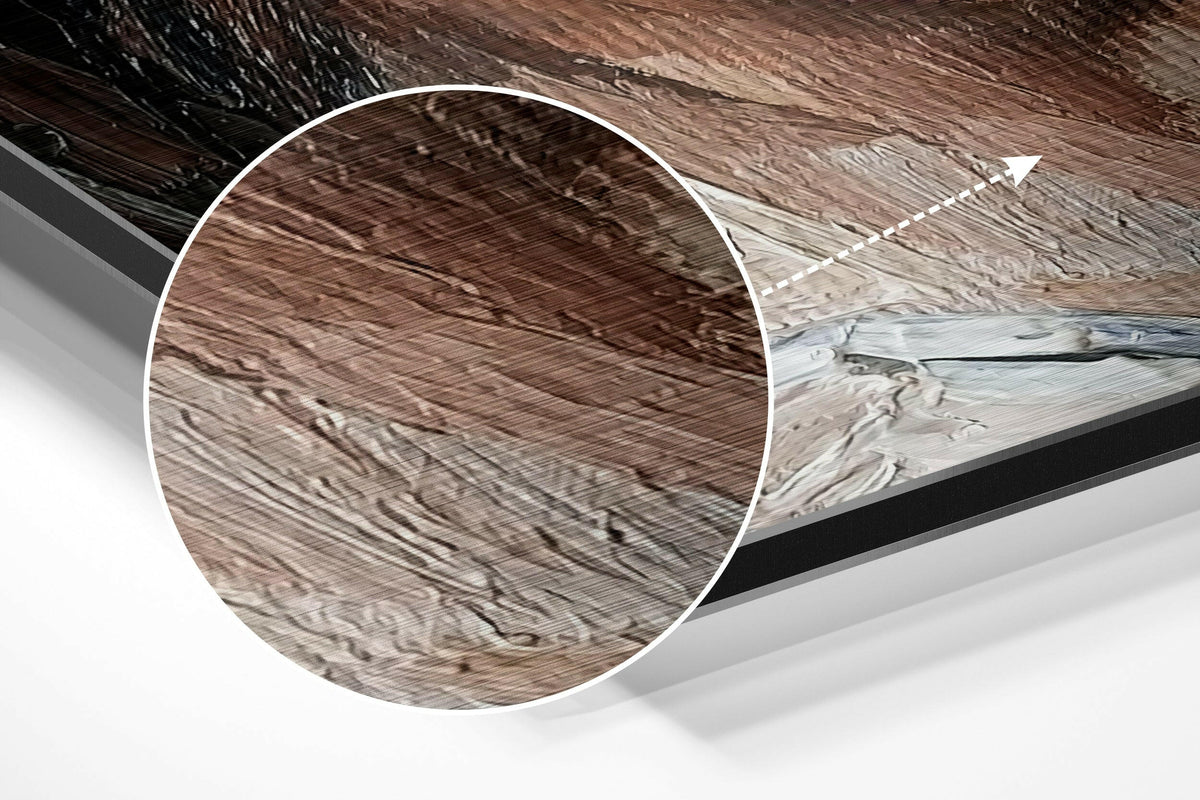 Magnified detail of the brushed metal grain showing through the painted brown-haired girl portrait print