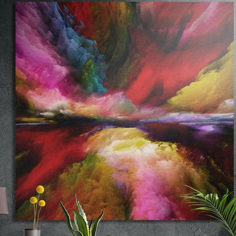 Colorful abstract cloud landscape brushed aluminum wall art on a dark concrete wall above potted plants and yellow flowers