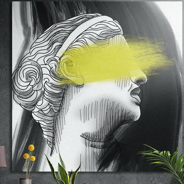 Ink line drawing of a classical bust with a yellow brush stroke across the eyes, brushed aluminum wall art on a dark wall