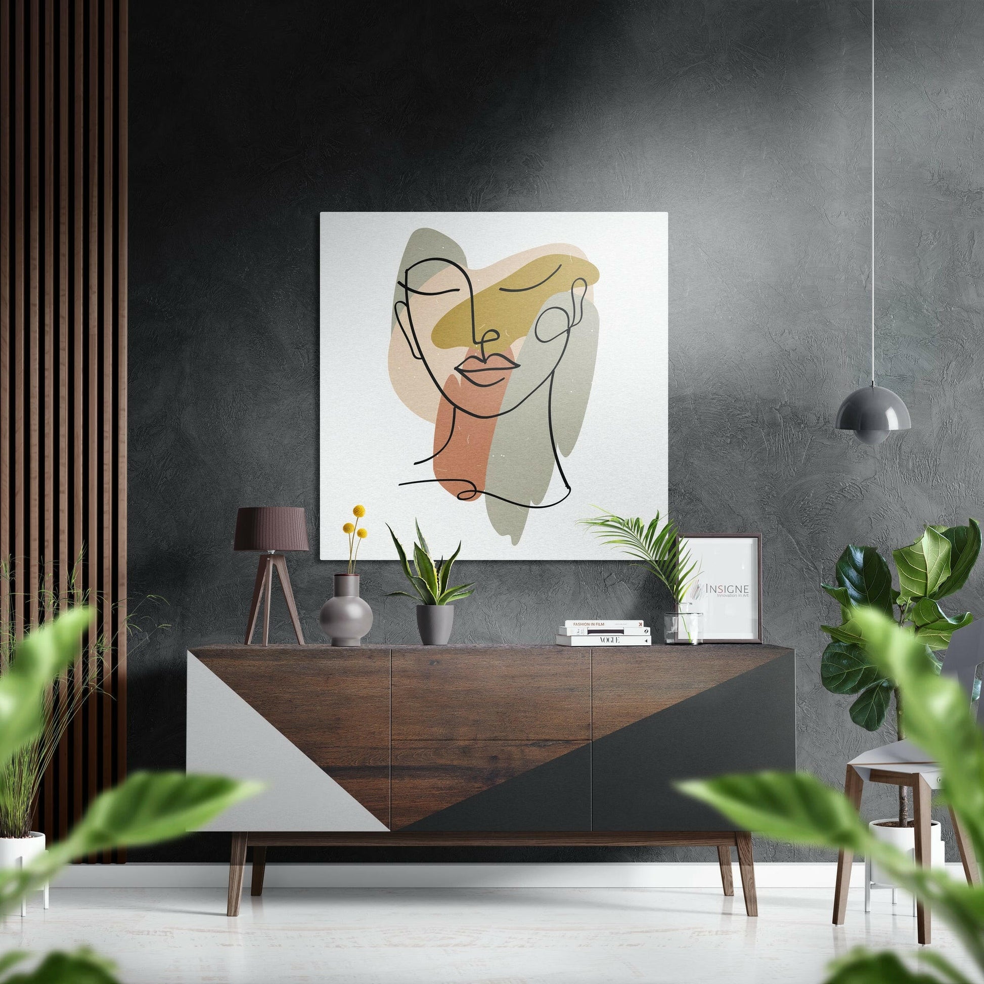 Line face with pastel shapes metal wall art