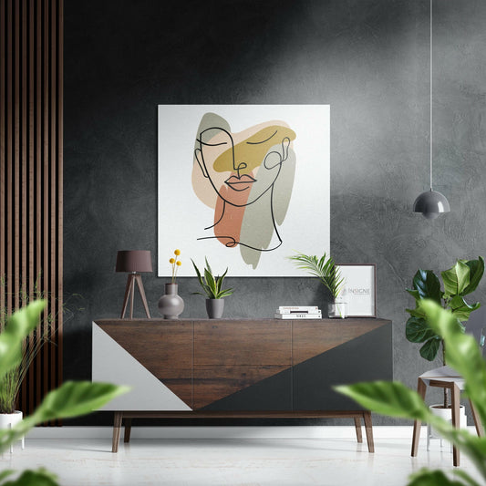 Line face with pastel shapes metal wall art