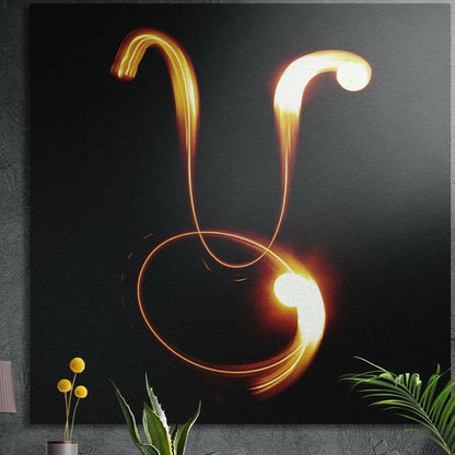 Taurus zodiac sign in golden flare light brushed aluminum wall art on a gray concrete wall above plants