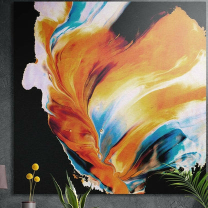 Orange and blue flowing abstract brushed aluminum wall art on a dark concrete wall above potted plants and yellow flowers