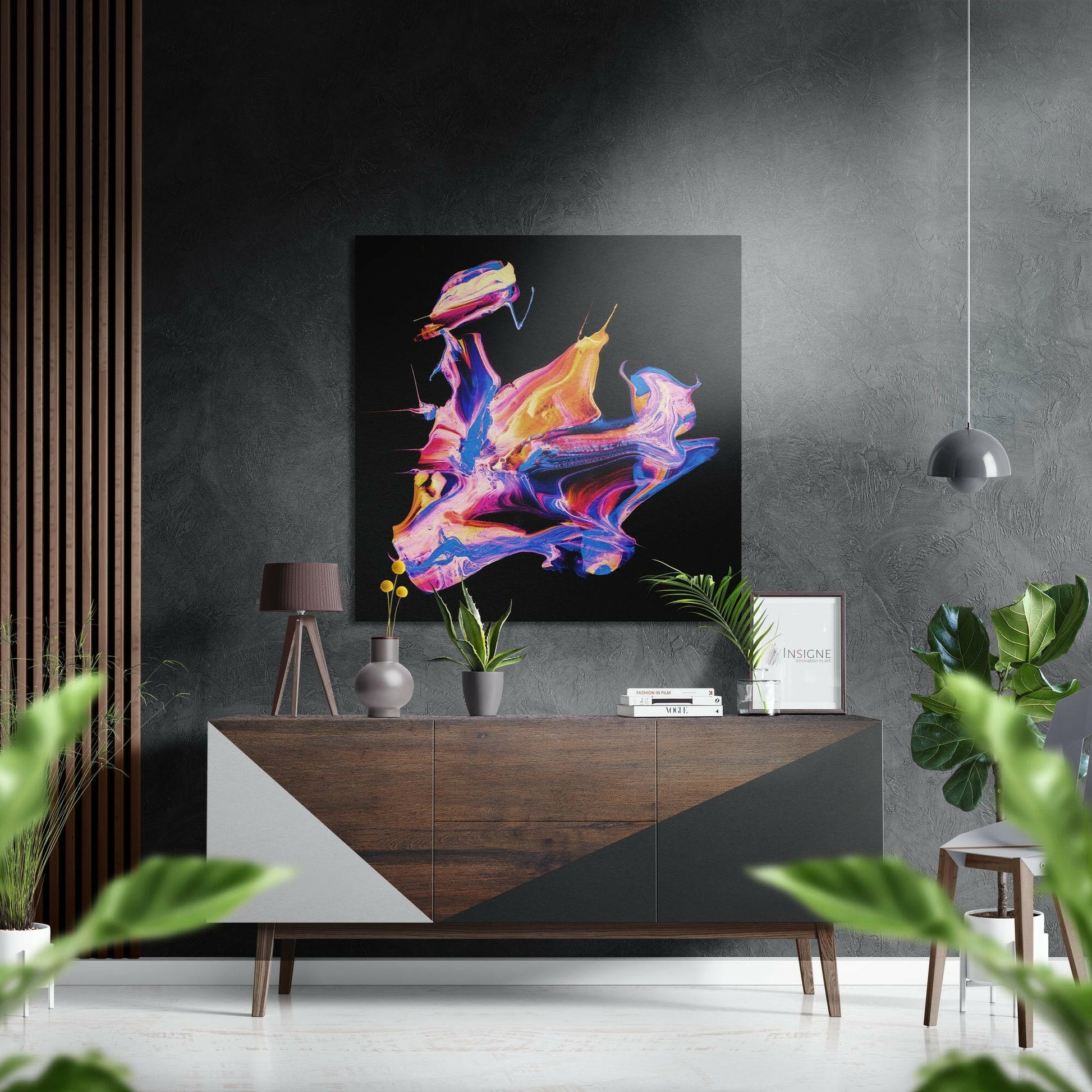 Neon pink blue paint swirl metal wall art