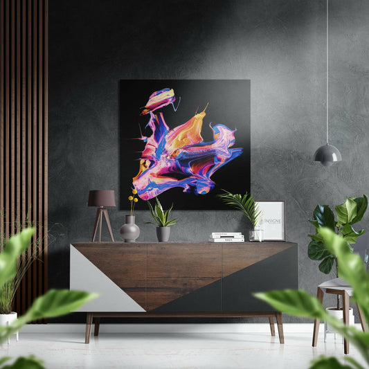 Neon pink blue paint swirl metal wall art