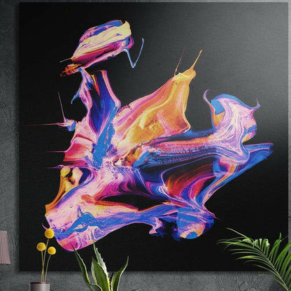 Pink and blue fluid paint abstract brushed aluminum wall art on a gray wall above yellow flowers and plants