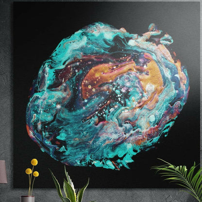 Teal and copper marbled swirl brushed aluminum wall art on a dark concrete wall above potted plants and yellow flowers