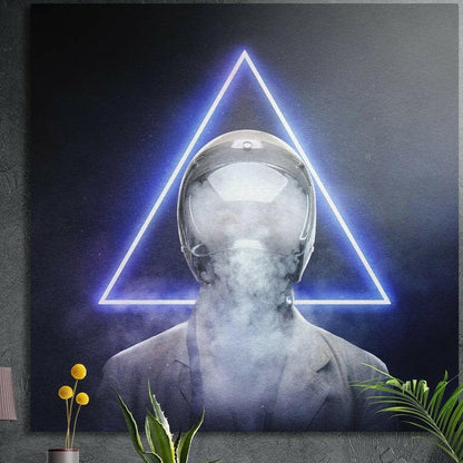 Suited figure with a smoke-filled helmet before a blue neon triangle, brushed aluminum wall art on a dark wall
