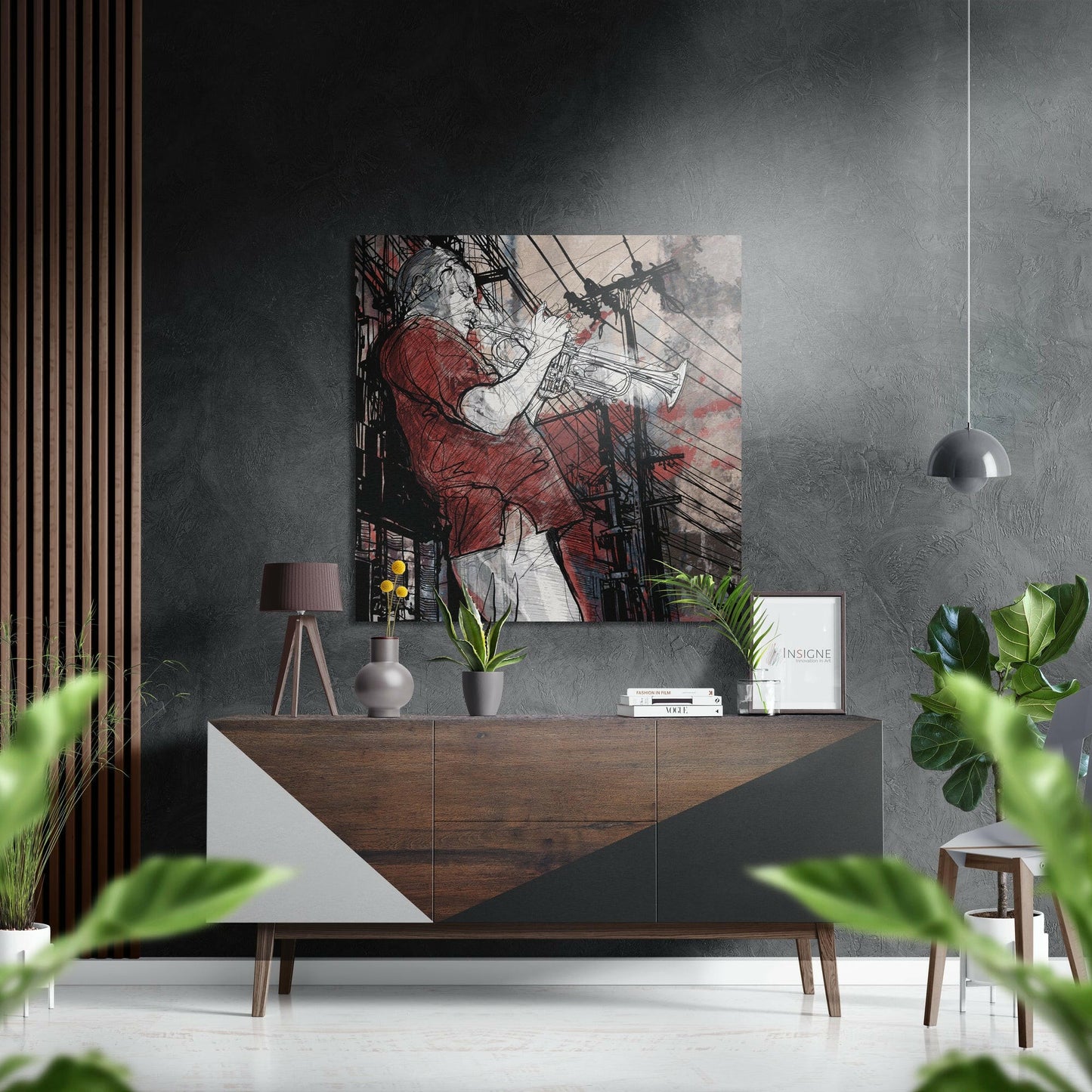 Crimson street trumpeter sketch metal wall art on brushed aluminum dibond