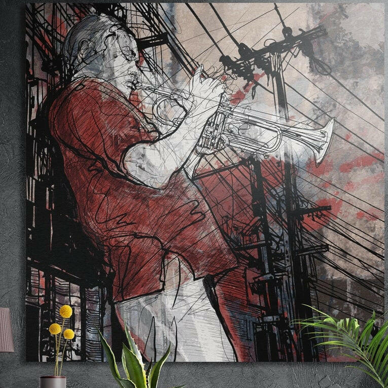 Sketch of a trumpet player in a crimson shirt under city power lines brushed aluminum wall art above flowers and plants