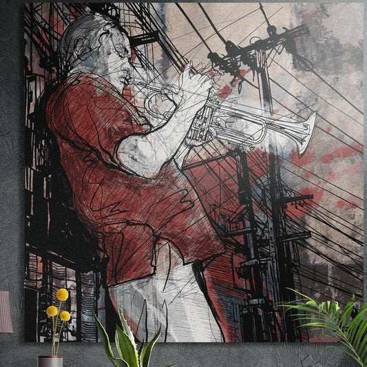 Sketch of a trumpet player in a crimson shirt under city power lines brushed aluminum wall art above flowers and plants