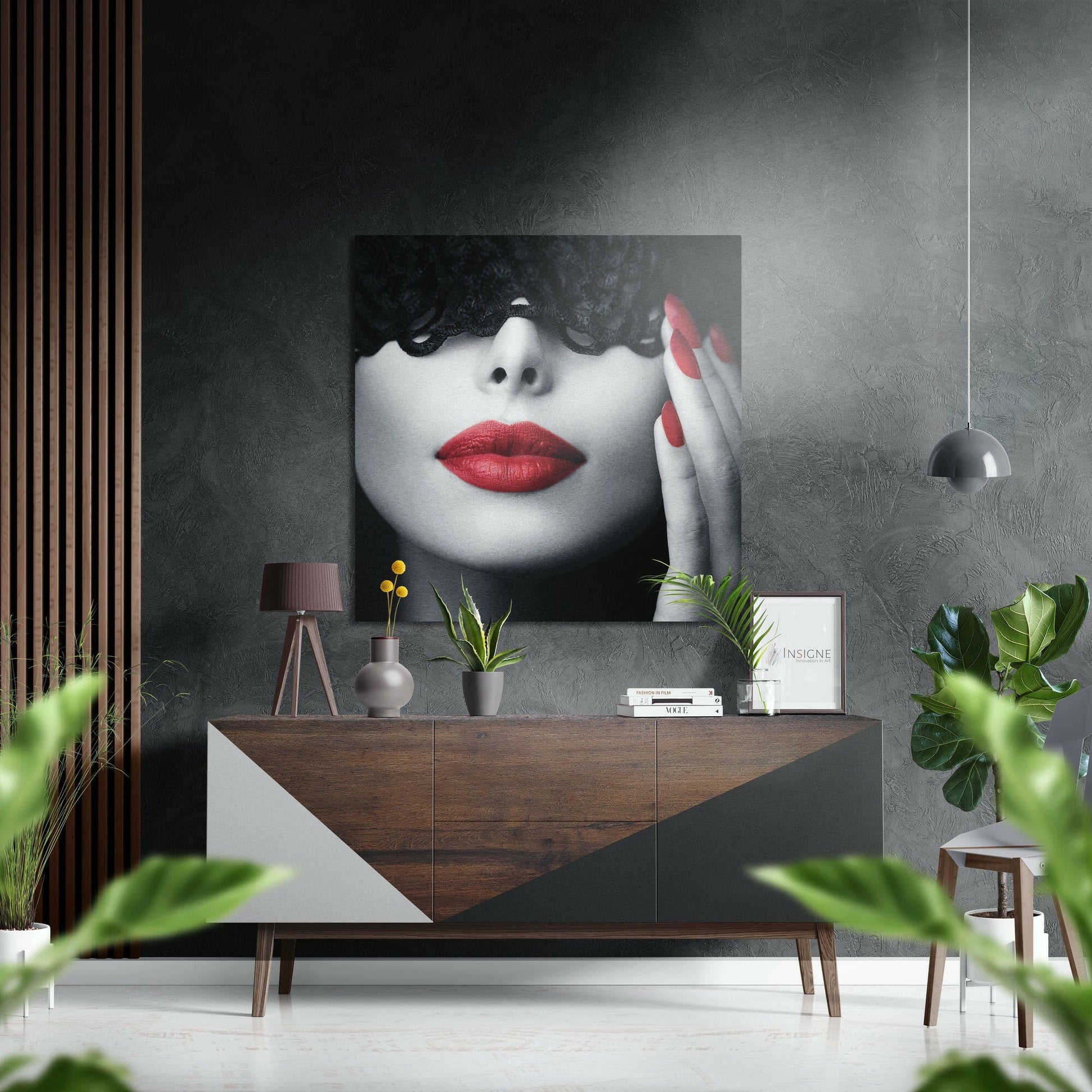 Red Lips Curly Hair Portrait metal wall art on aluminum dibond