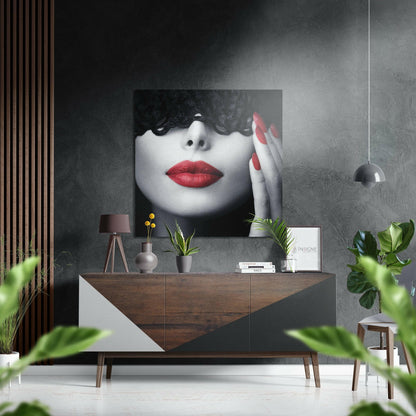 Red Lips Curly Hair Portrait metal wall art on aluminum dibond