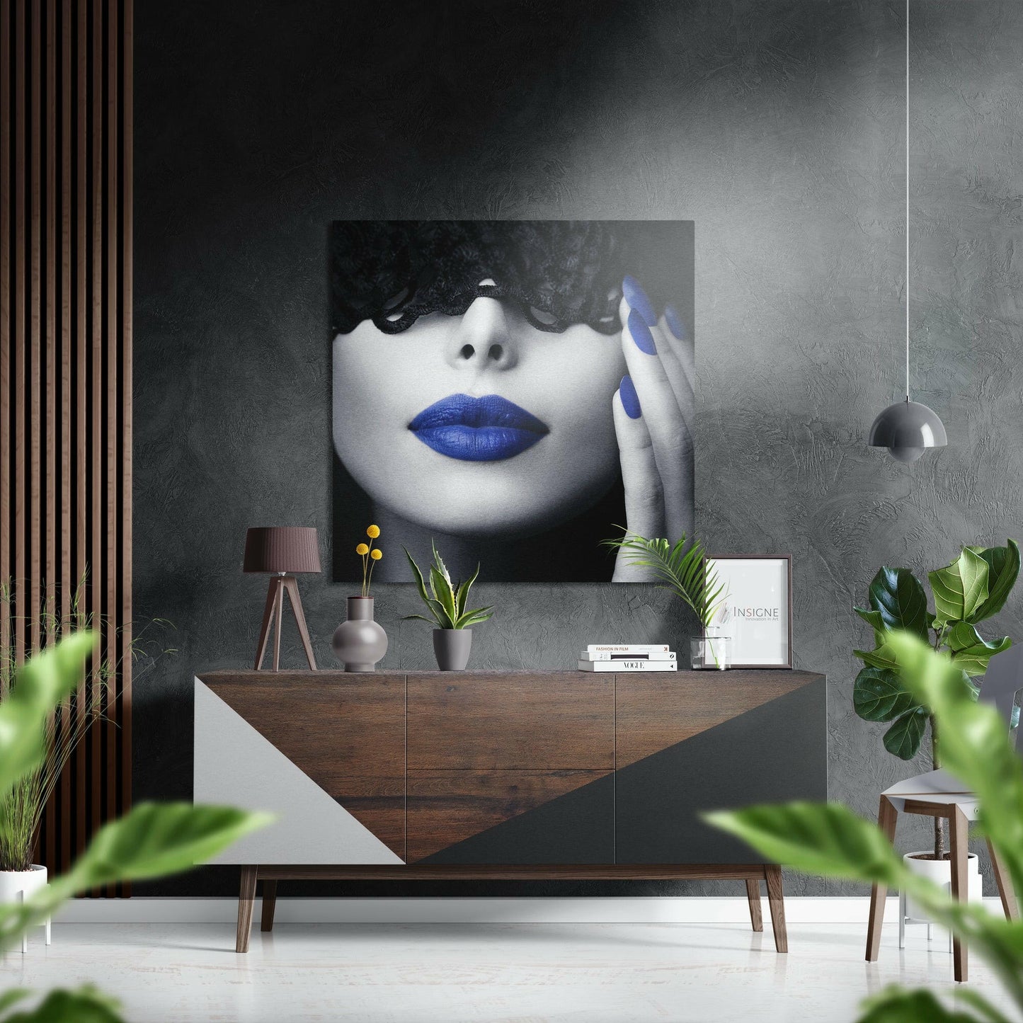 Blue Lips Curly Hair Portrait Metal Wall Art