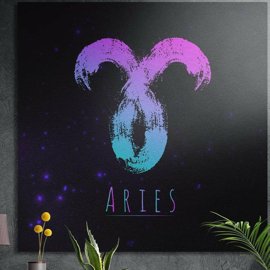 Aries zodiac sign in violet cyan brushstrokes brushed aluminum wall art on a gray concrete wall above plants