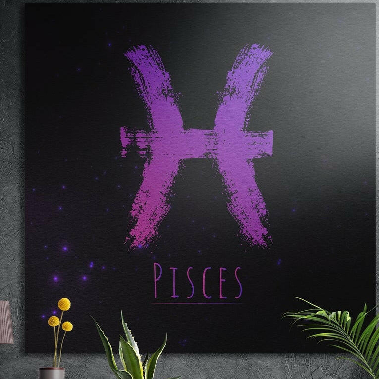 Pisces zodiac sign in purple brushstrokes brushed aluminum wall art on a gray concrete wall above plants