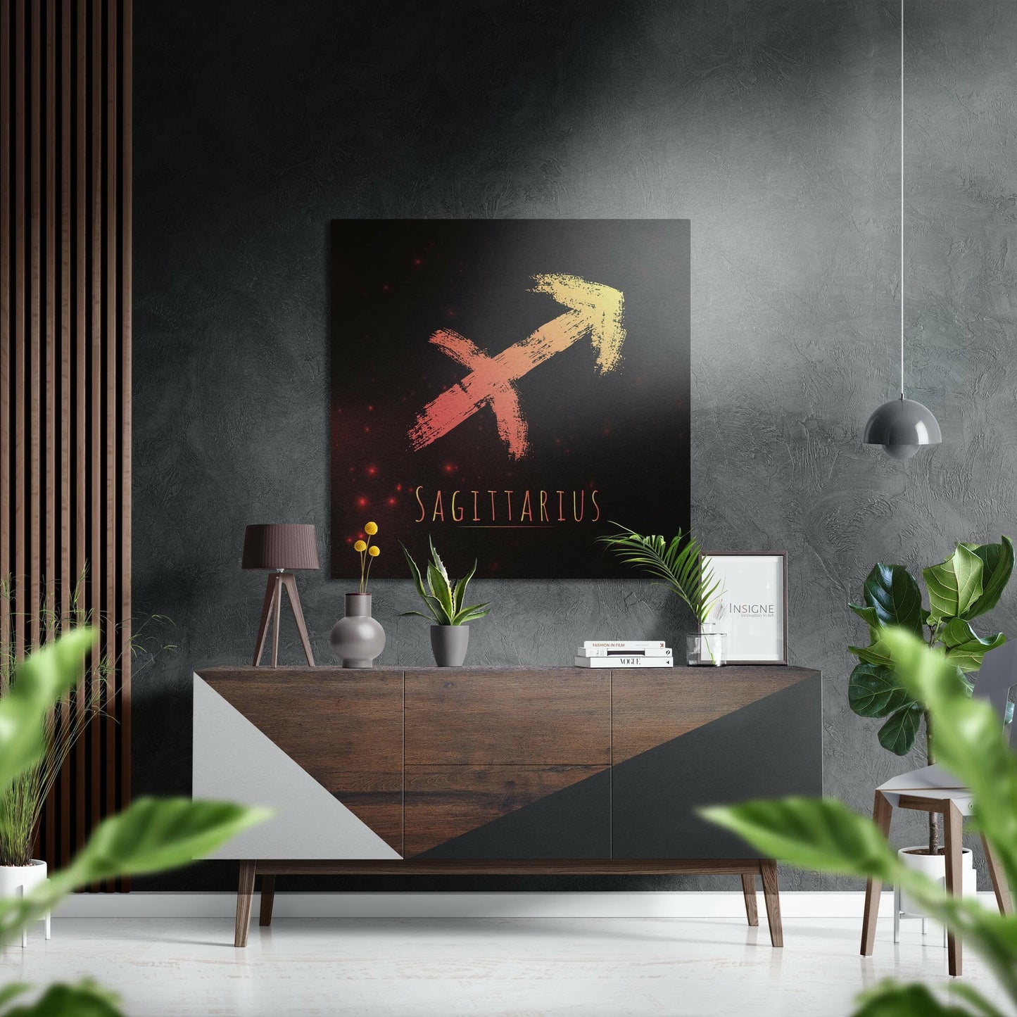 Sagittarius zodiac metal wall art in gold and coral