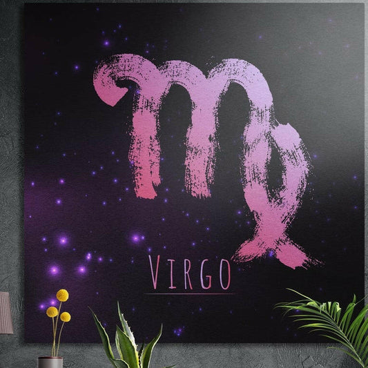 Virgo zodiac sign in pink brushstrokes brushed aluminum wall art on a gray concrete wall above plants