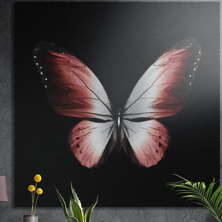 Red and white butterfly on black, square brushed aluminum wall art on a gray wall behind plant leaves