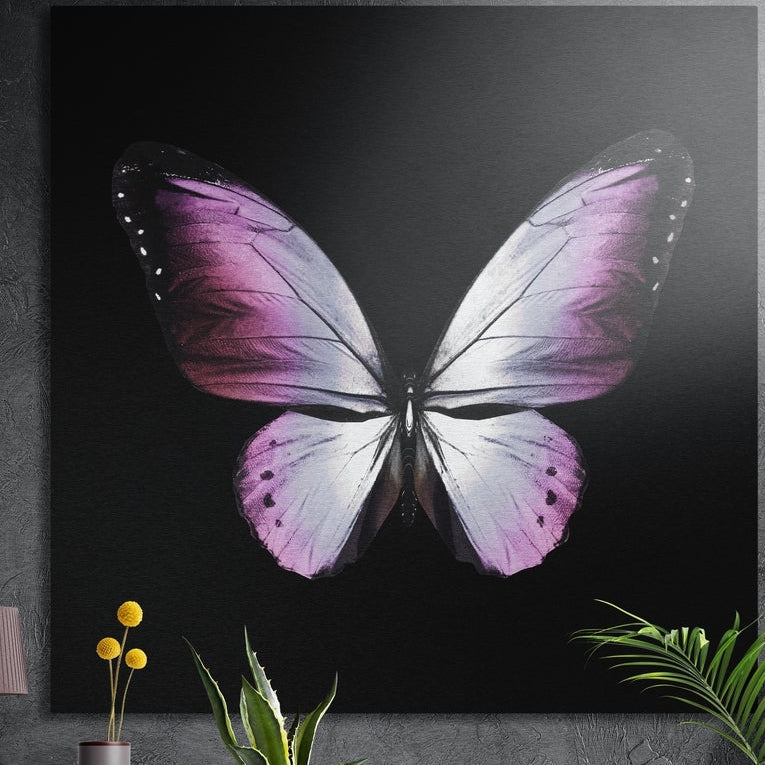 Pink and white butterfly on black, square brushed aluminum wall art on a gray wall behind plant leaves