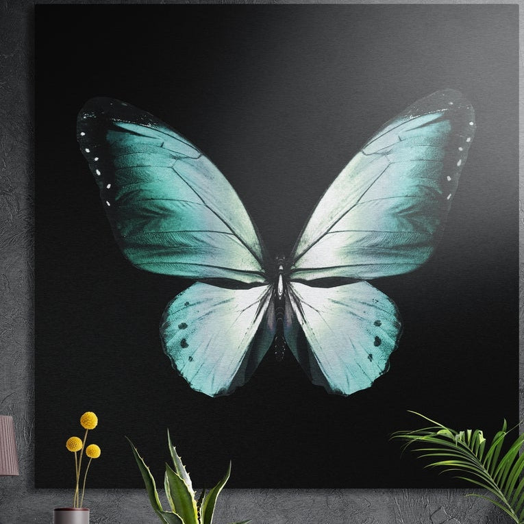 Mint and white butterfly on black brushed aluminum wall art on a gray concrete wall above plants