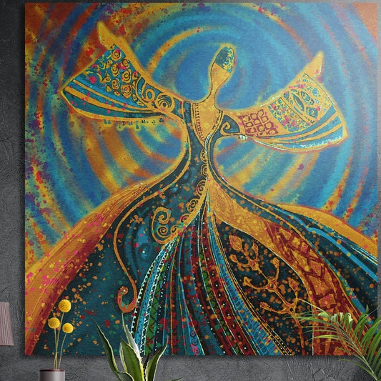 Whirling dervish dancer in teal and gold brushed aluminum wall art on a gray wall above yellow flowers and plants