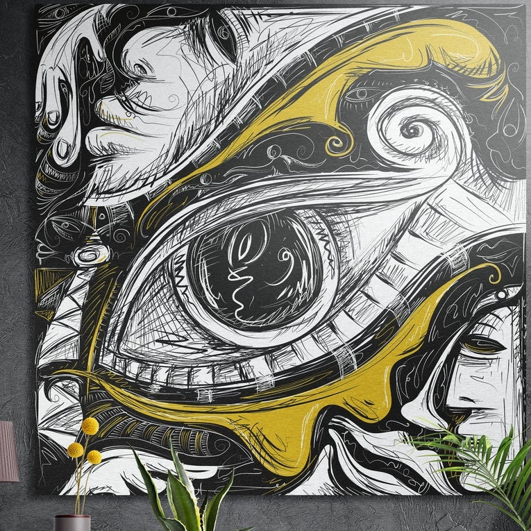 Large eye in a black and white swirl drawing with a mustard gold band, square brushed aluminum wall art on a dark wall