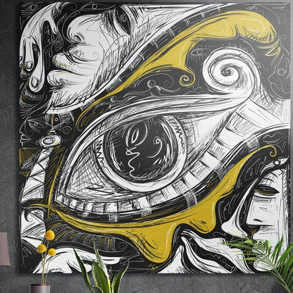 Large eye in a black and white swirl drawing with a mustard gold band, square brushed aluminum wall art on a dark wall