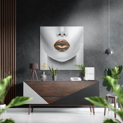 Bronze lips close-up metal wall art in glossy finish