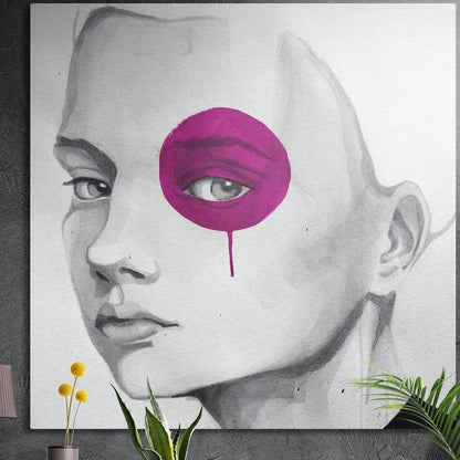 Gray sketch of a woman with one eye in a magenta blot and a drip, square brushed aluminum wall art on a dark wall