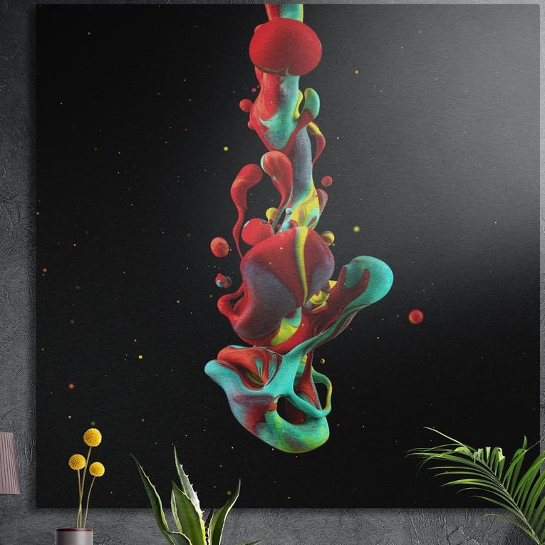 Red and teal liquid paint drip brushed aluminum wall art on a gray wall above yellow flowers and plants