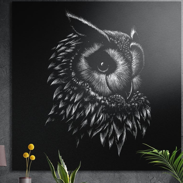 White line owl portrait on black, square brushed aluminum wall art on a gray wall behind plant leaves