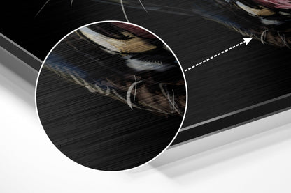 Magnified detail of the brushed metal grain showing through the snarling black panther print