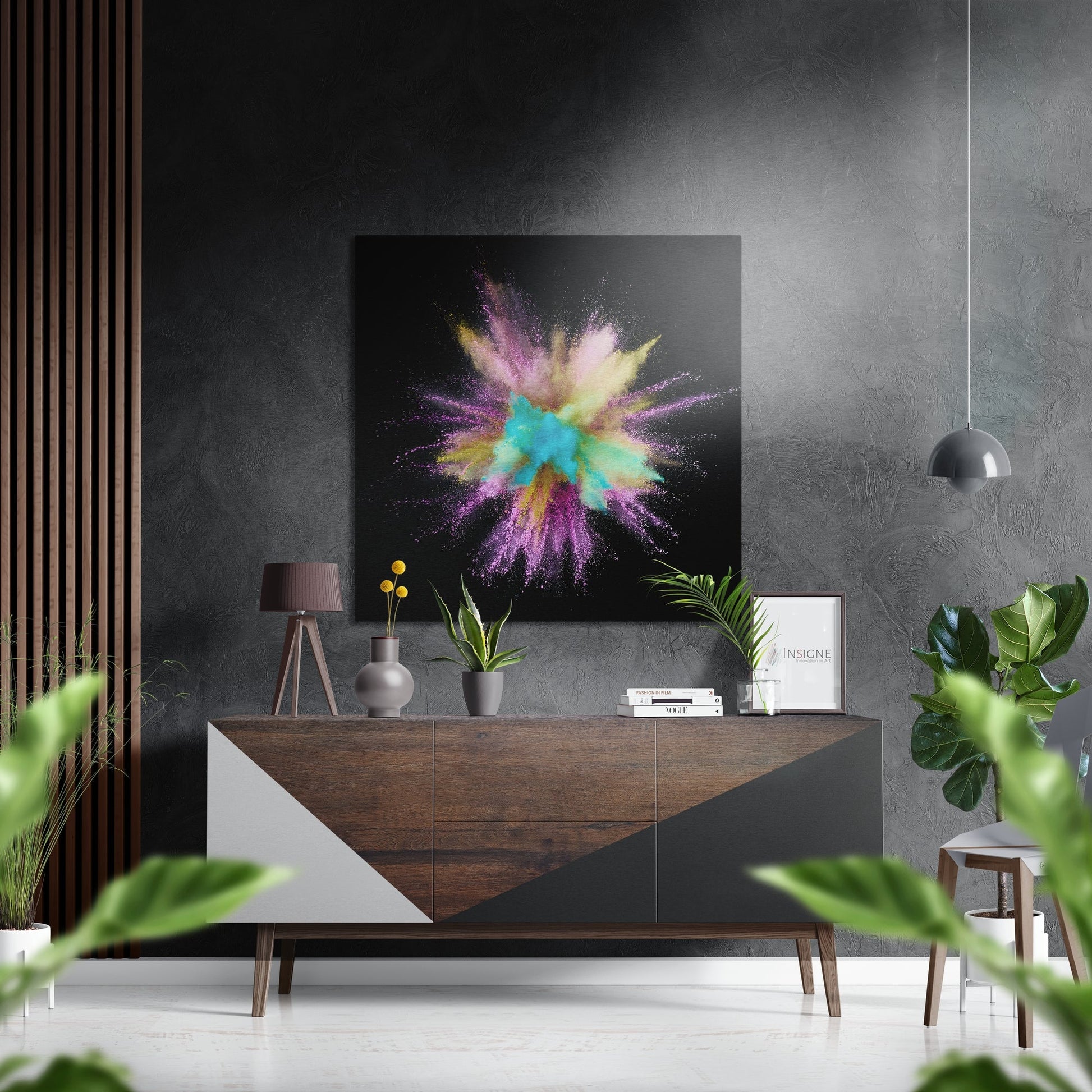 Turquoise pink powder explosion metal wall art