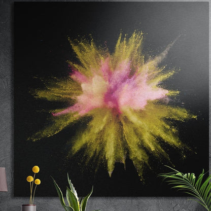 Yellow and pink powder burst brushed aluminum wall art on a dark concrete wall behind potted plants