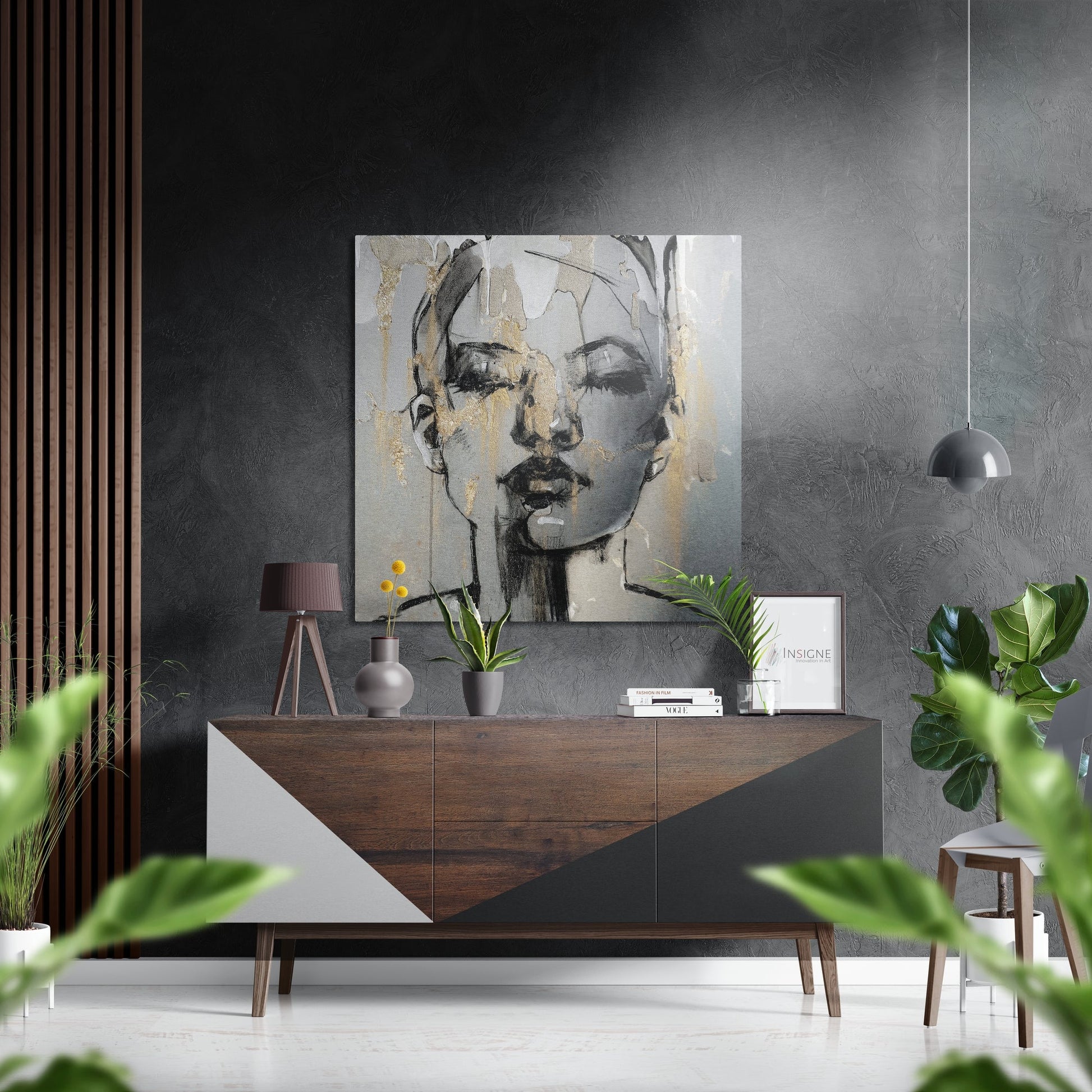 Woman portrait aluminum wall art hanging on a wall