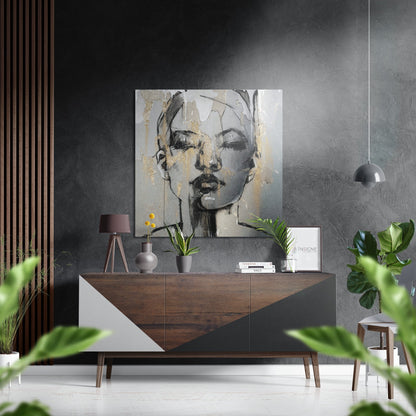 Woman portrait aluminum wall art hanging on a wall