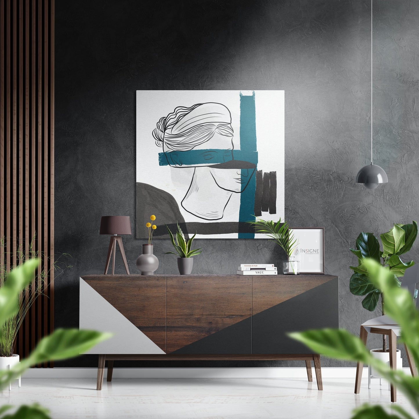 Line woman with teal brush strokes metal wall art