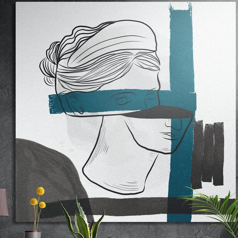 Black line drawing of a woman with teal and charcoal brush strokes, square brushed aluminum wall art on a dark wall