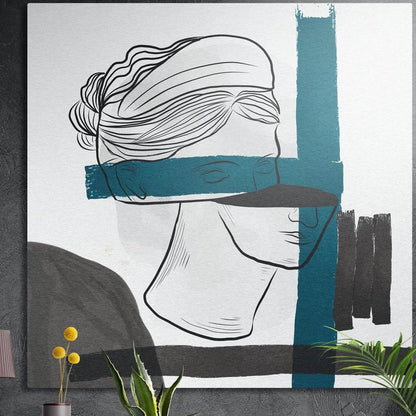 Black line drawing of a woman with teal and charcoal brush strokes, square brushed aluminum wall art on a dark wall