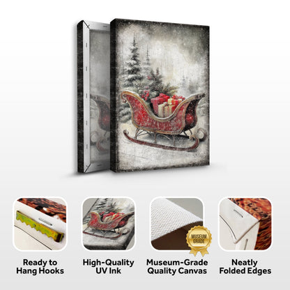 Sleigh with gold gifts canvas front and side, with text: Ready to Hang Hooks, High-Quality UV Ink, Museum-Grade Quality Canvas, Neatly Folded Edges