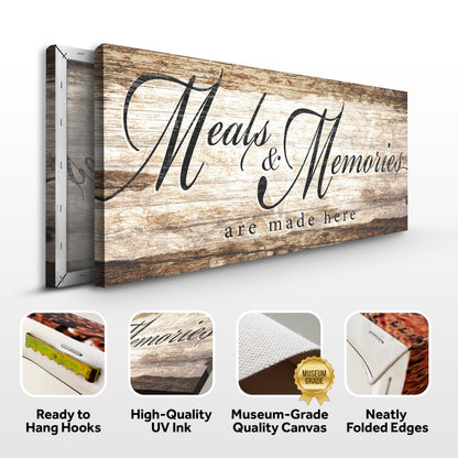 Meals and Memories sign canvas front and side, with text: Ready to Hang Hooks, High-Quality UV Ink, Museum-Grade Quality Canvas, Neatly Folded Edges