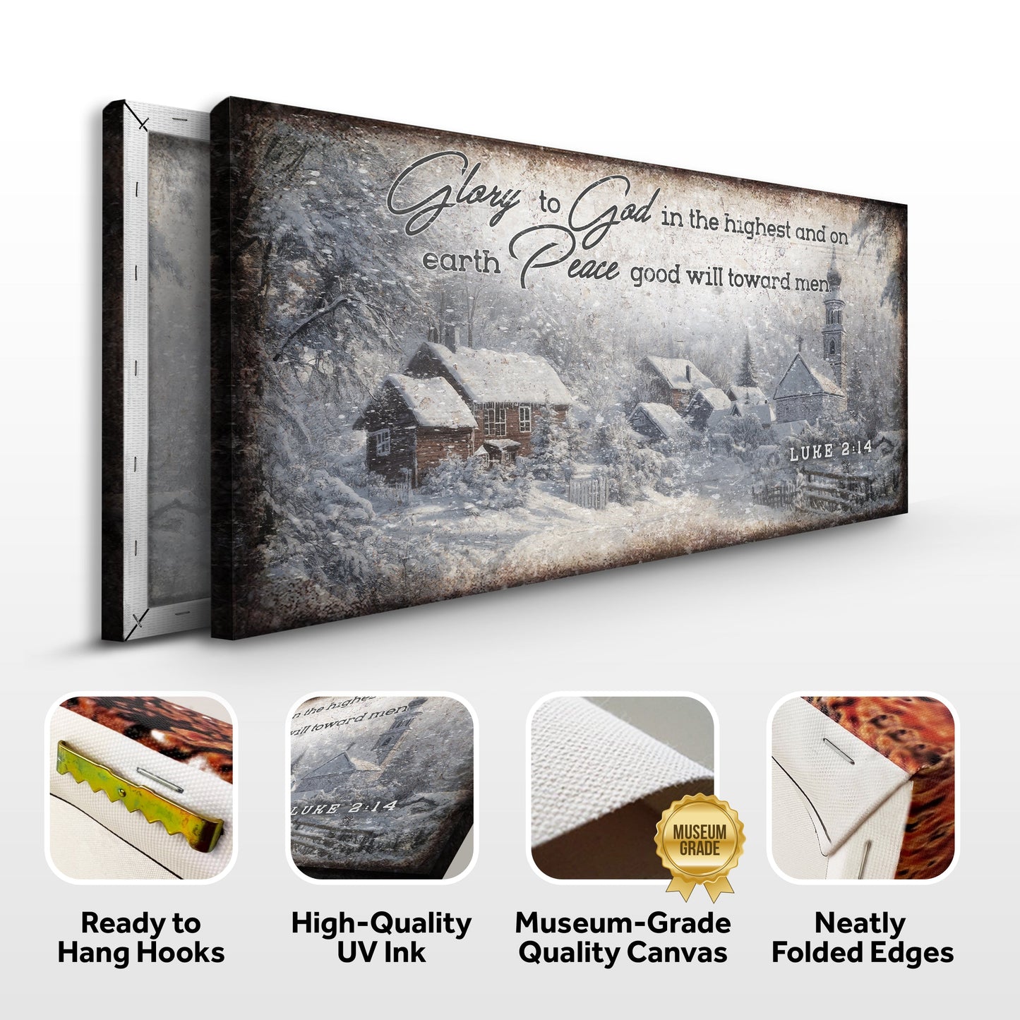 Vintage Christmas Village Luke 2:14 Scripture Canvas