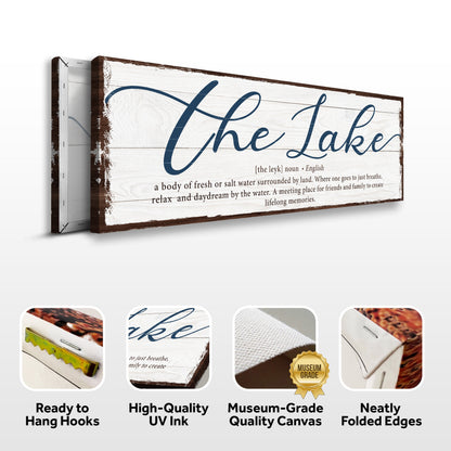 The Lake script sign canvas front and side, with text: Ready to Hang Hooks, High-Quality UV Ink, Museum-Grade Quality Canvas, Neatly Folded Edges