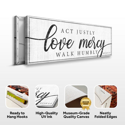 Micah 6:8 sign canvas front and side, with text: Ready to Hang Hooks, High-Quality UV Ink, Museum-Grade Quality Canvas, Neatly Folded Edges