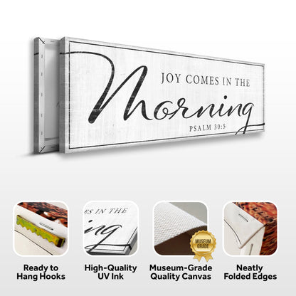 Joy Comes in the Morning canvas front and side, with text: Ready to Hang Hooks, High-Quality UV Ink, Museum-Grade Quality Canvas, Neatly Folded Edges